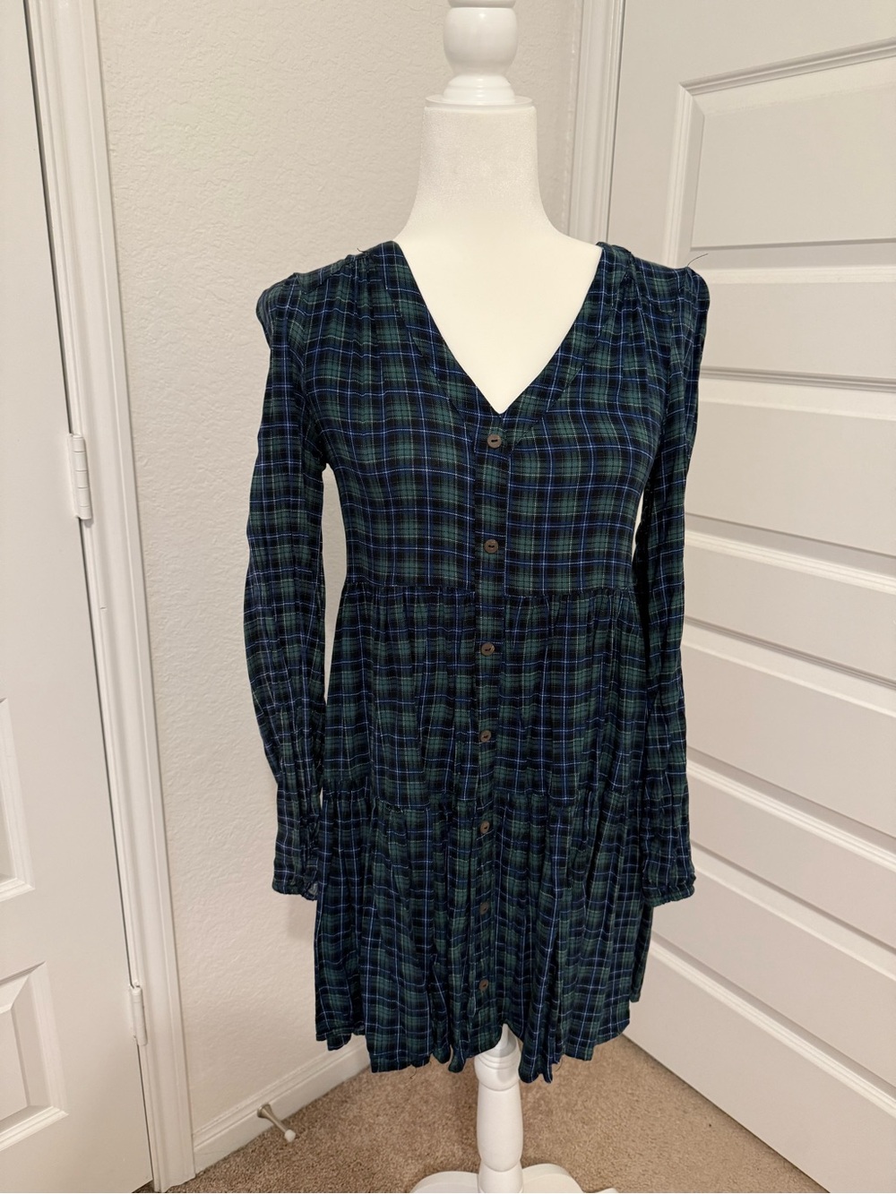 Francesca's Collections Blue Green Plaid Button-Front Mini Dress